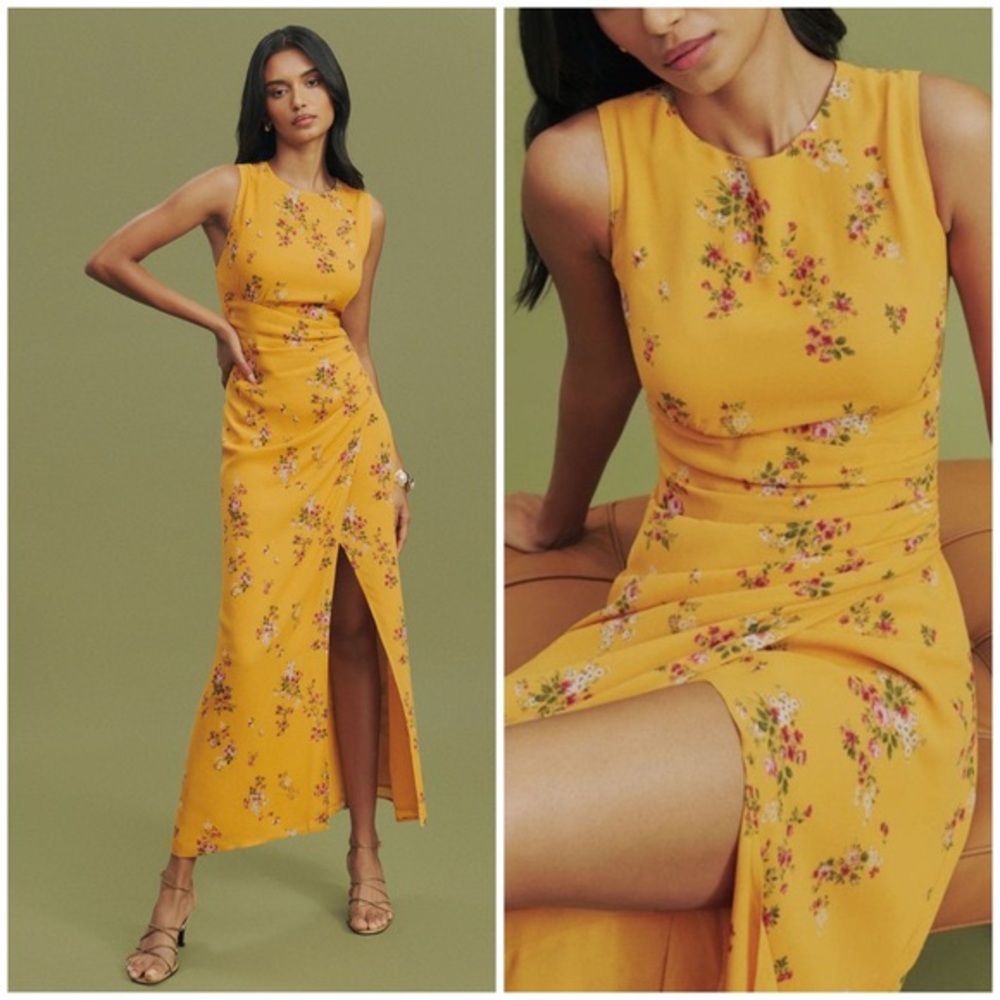 Reformation Ledger Maxi Dress Sancerre Yellow Floral with Slit High Neck